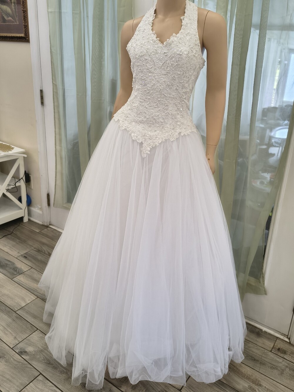 David's Bridal's Oleg Cassini Beaded Halter Lace & Tulle Ball Gown